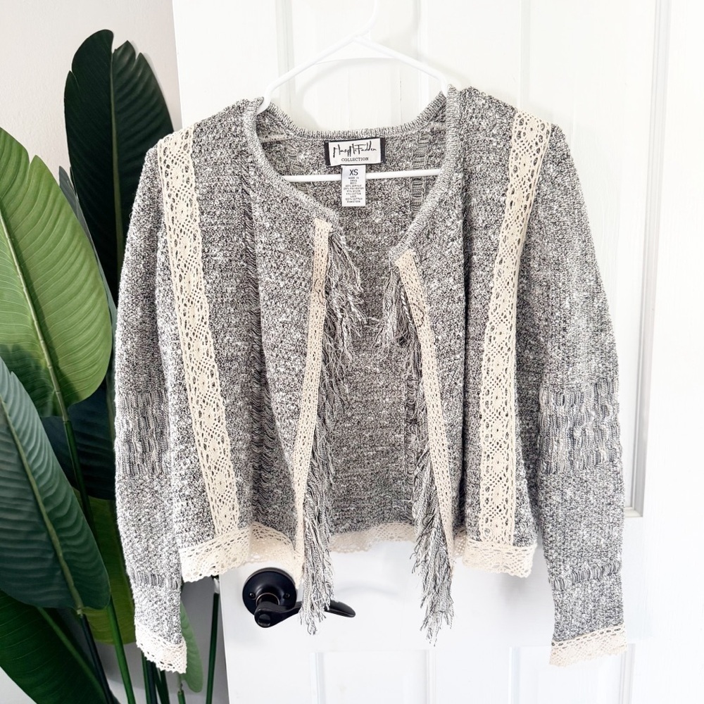 Mary McFadden Crochet Vintage Fringe Cardigan Sweater